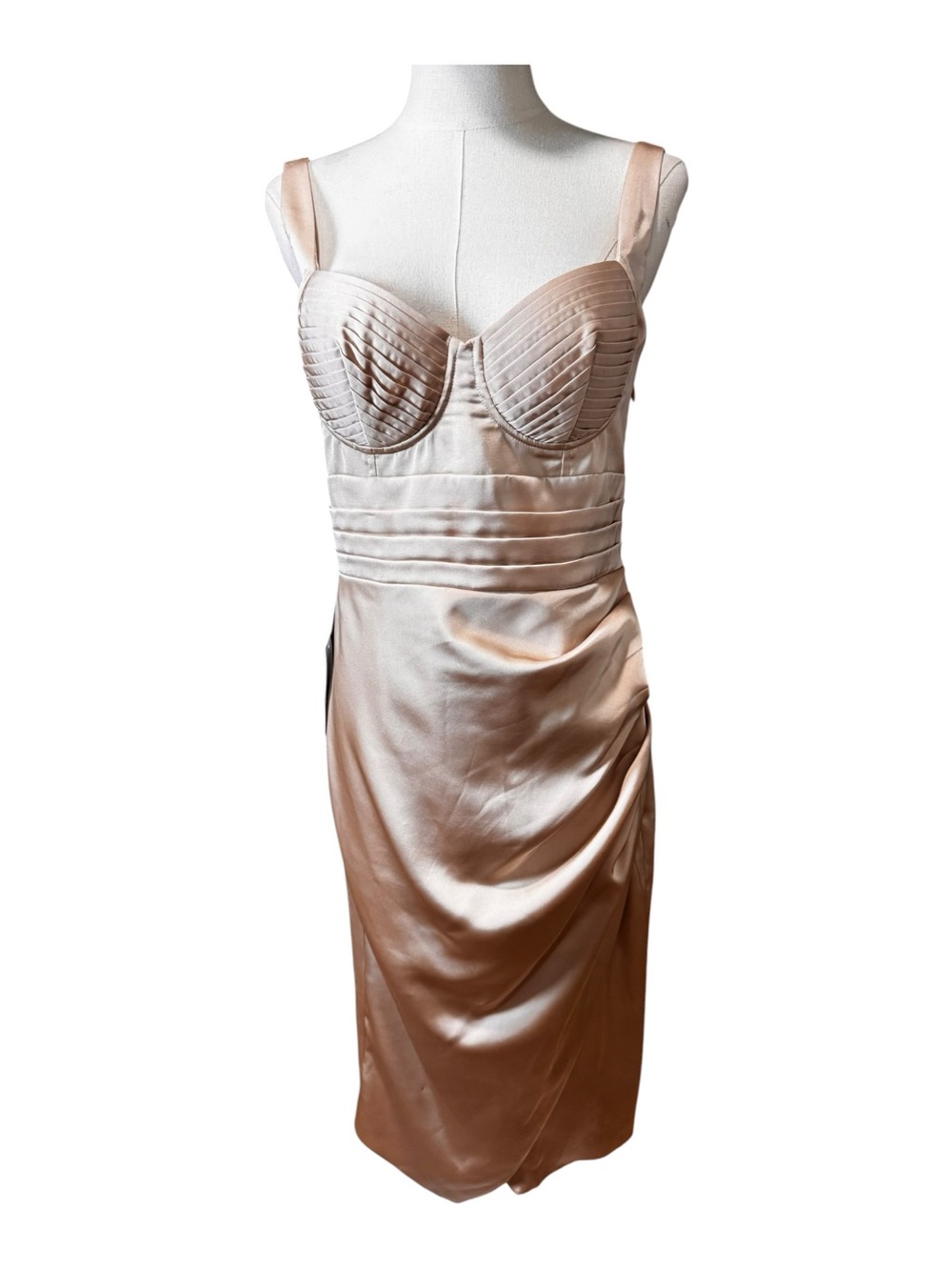 Lavish Alice Clay Beige Satin Pleated Corset Ruched Bodycon Midi Dress SZ8 | NWT
